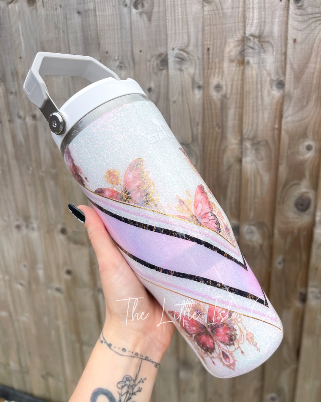 Mixed Media White Butterfly Flip Straw Glitter Tumbler
