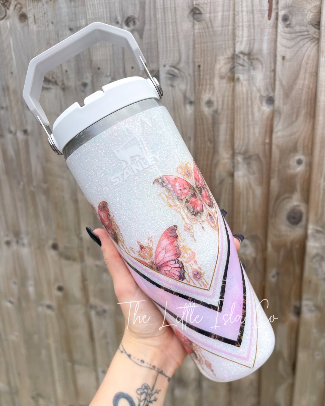 Mixed Media White Butterfly Flip Straw Glitter Tumbler