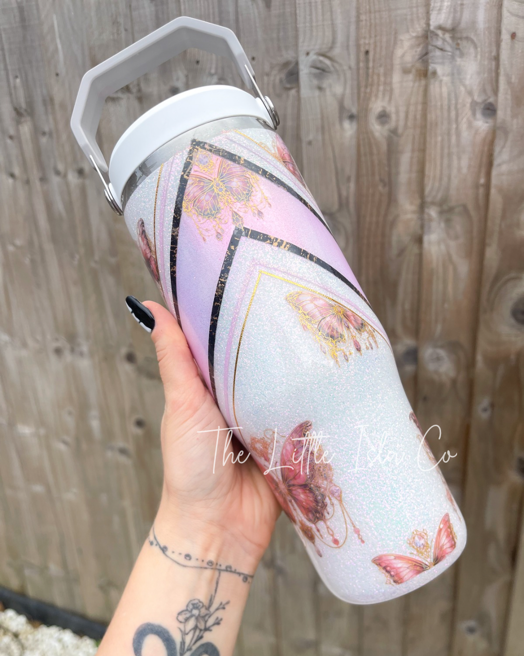 Mixed Media White Butterfly Flip Straw Glitter Tumbler