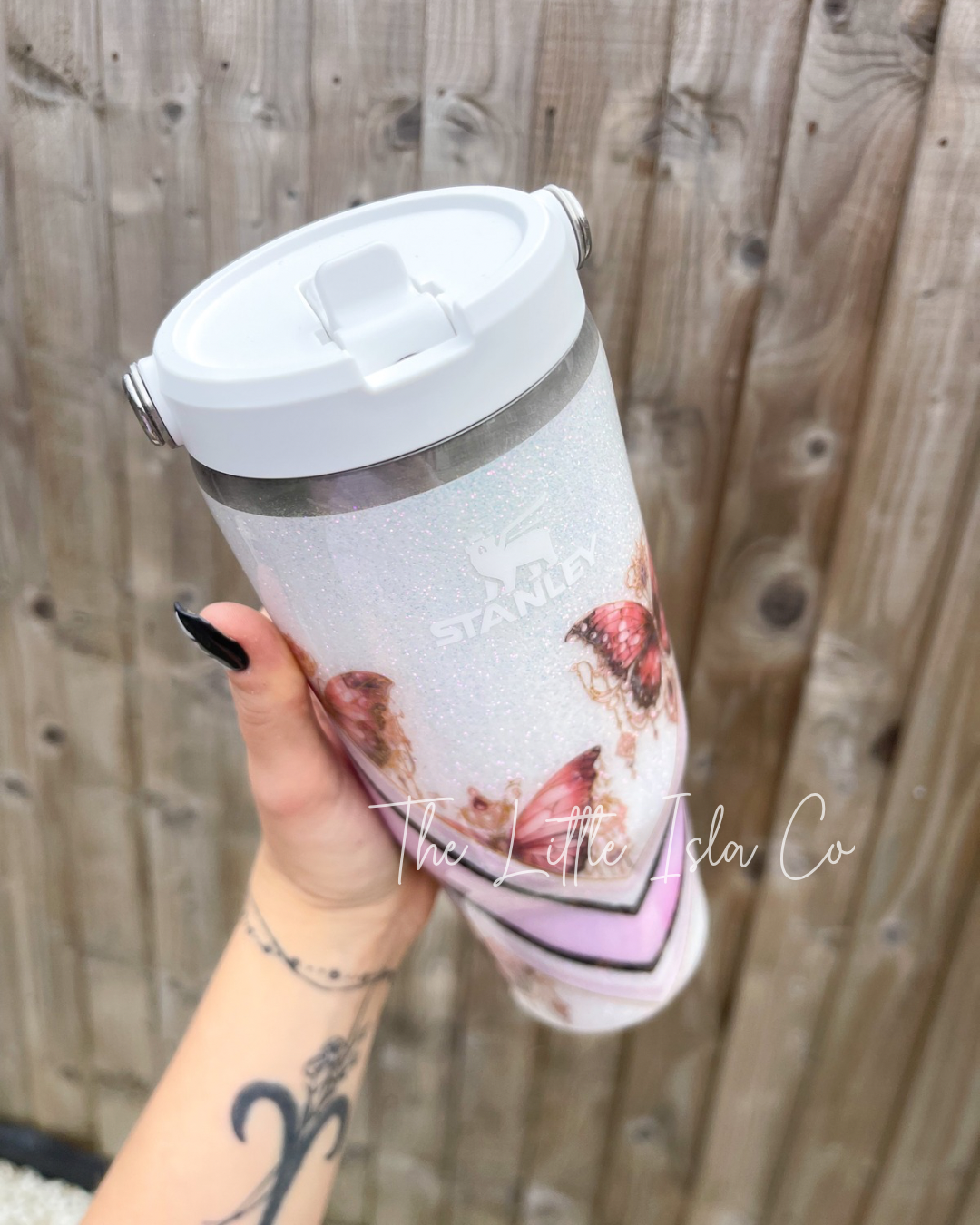 Mixed Media White Butterfly Flip Straw Glitter Tumbler