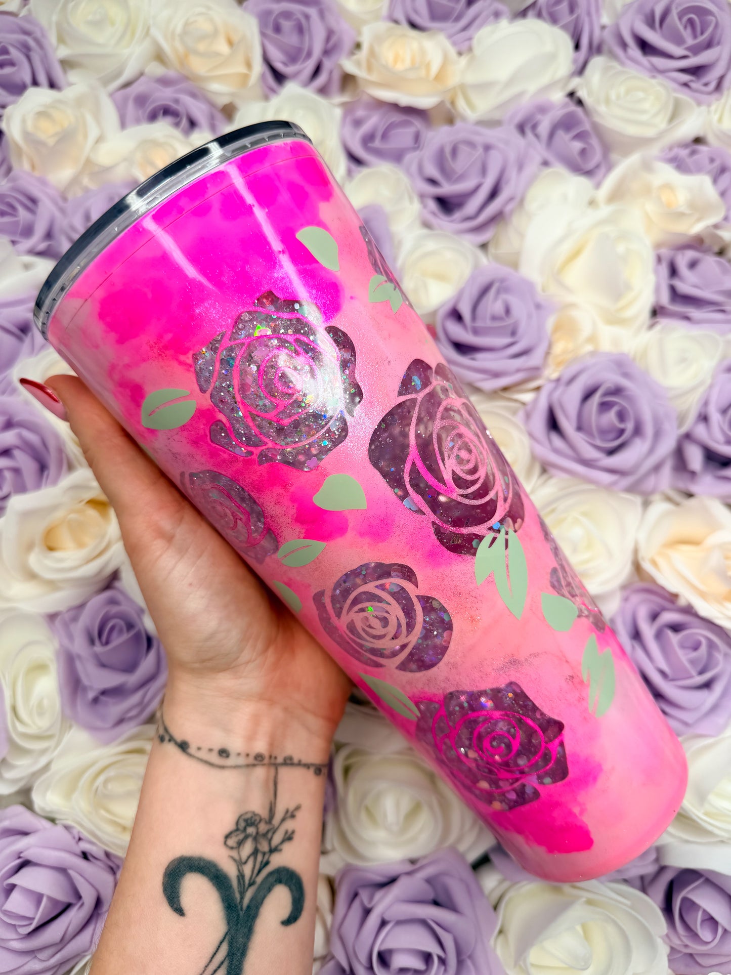 Alcohol Ink Peony Peekaboo Snowglobe Tumbler