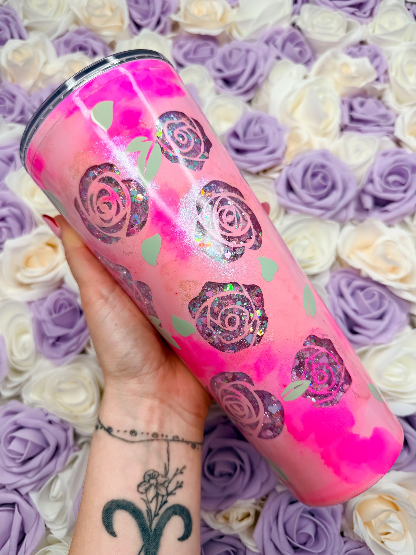 Alcohol Ink Peony Peekaboo Snowglobe Tumbler