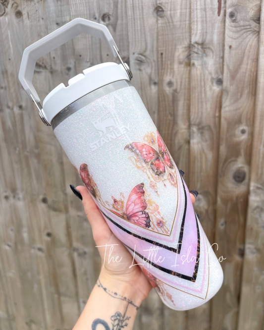 Mixed Media White Butterfly Flip Straw Glitter Tumbler