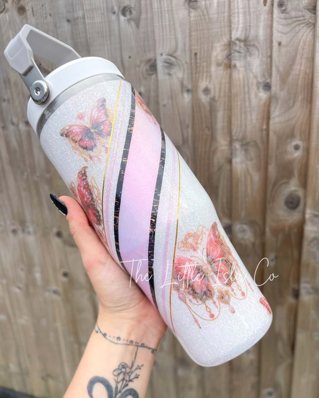 Mixed Media White Butterfly Flip Straw Glitter Tumbler
