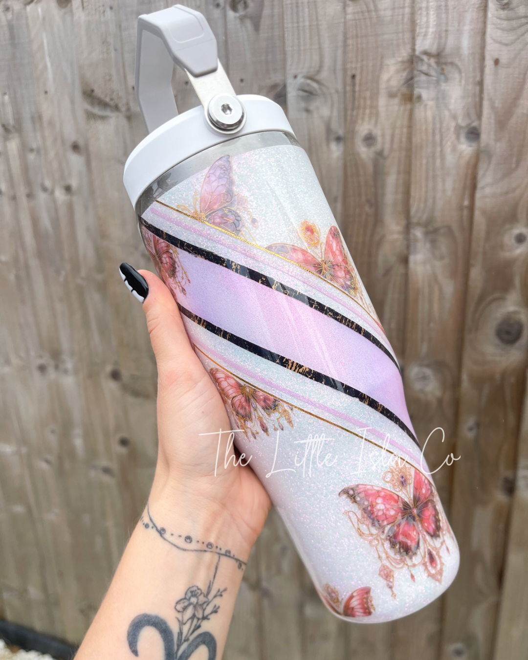 Mixed Media White Butterfly Flip Straw Glitter Tumbler